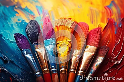 Creative explosion Colorful background adorned with artist brushes and paints Stock Photo