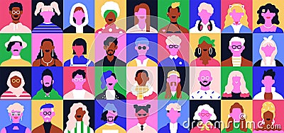 Creative face avatars set. Abstract male, female characters in modern trendy style. Colorful quirky head portraits Vector Illustration