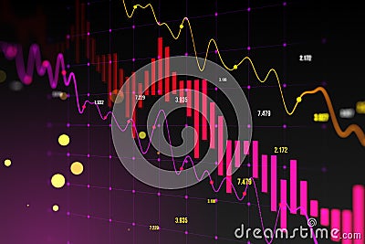Creative falling purple candlestick forex chart and index on blurry background. Crisis and finance concept. Stock Photo
