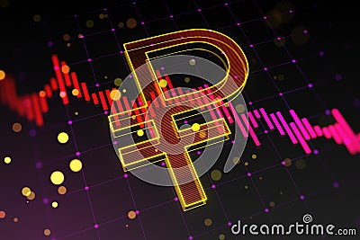 Creative falling purple candlestick forex chart and ruble on blurry backdrop. Crisis and finance concept. Stock Photo