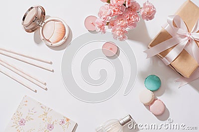 Creative and fashion composition. Stationery objects on desk. Fl Stock Photo