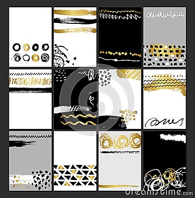 Creative fashion glamour hand drawn card set. Vector collection of black, white, gold textured cards. Beautiful posters Vector Illustration