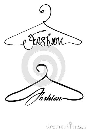 Creative fashion style logo design. Vector sign with lettering and hanger symbol. Logotype calligraphy Vector Illustration