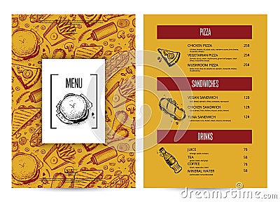 Creative fast food menu with hand drawn graphic Vector Illustration