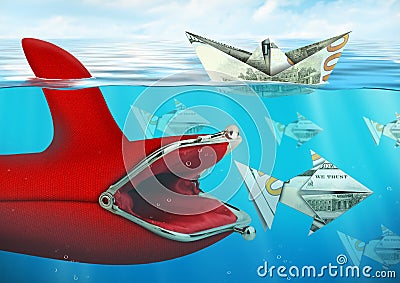 Creative finance concept, purse catches money in water Stock Photo