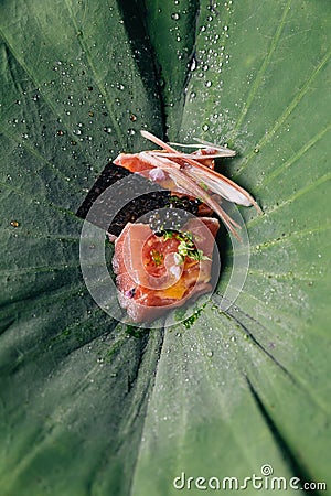 Creative Fine Dinning: Close up Tuna with yuzu-miso topping with black caviar and avocado served in lotus leaf Stock Photo