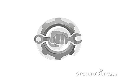 Creative Fist Mechanic Wrench Gear Logo Vector Illustration