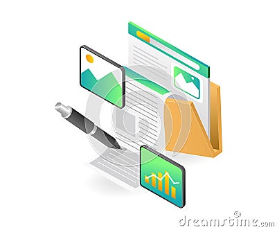 Creative flat isometric illustration concept create website blog page Cartoon Illustration