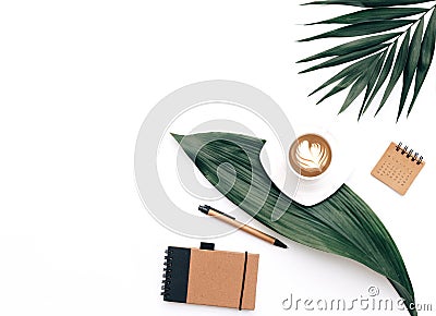 Creative flat lay background for blogger, keyboard, coffee cup and headphones Stock Photo