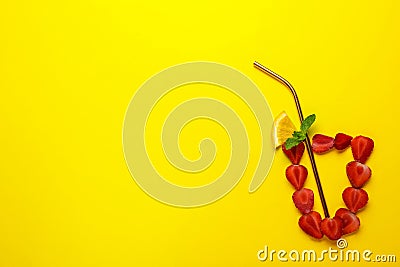 Creative flat lay composition with strawberries and citrus slice as summer cocktail on color background Stock Photo