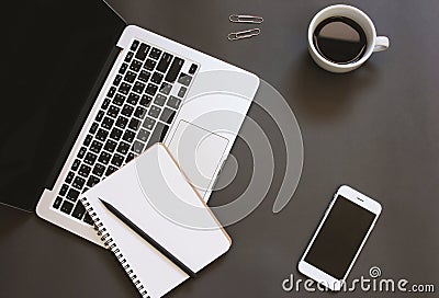 Creative flat lay design of workspace desk with laptop Stock Photo