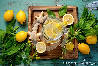creative flat lay of lemonade ingredients and recipe card Stock Photo