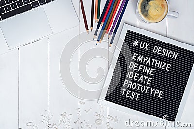 Creative flat lay photo of UX designer working desk and ux design process text on black felt board. User experience design process Stock Photo