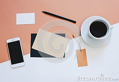 Creative flat lay photo of workspace desk Stock Photo