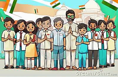 Creative flat vector illustration of Indian students and faculty teachers standing in front of Indian tricolor flag in school. Cartoon Illustration