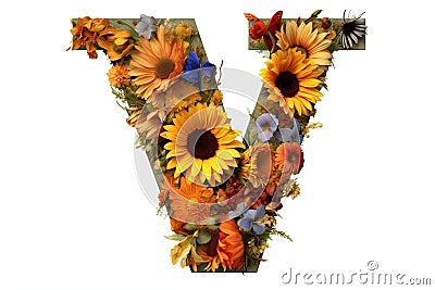 Creative Floral and Sunflower Colorful Photorealistic Letter V, Ai generative Stock Photo