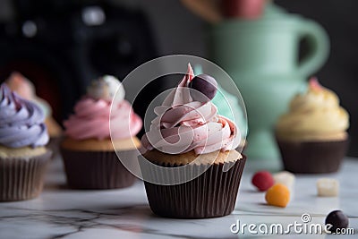 Creative food composition. Cupcakes muffins with cream frosting sprinkles on dark background. Template for product presentation Stock Photo