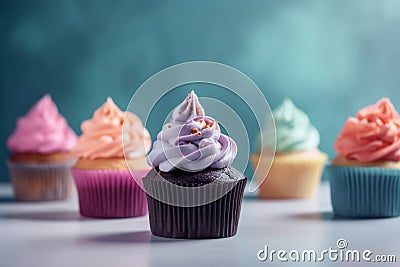 Creative food composition. Cupcakes muffins with cream frosting sprinkles on turquoise background. Template for product Stock Photo