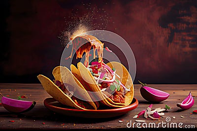 Creative food image of Mexican Tacos de Cochinita Pibil and onion with habanero chili falling Stock Photo