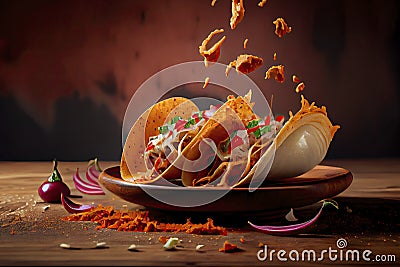 Creative food image of Mexican Tacos de Cochinita Pibil and onion with habanero chili falling Stock Photo