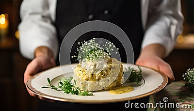 Creative food stylist expertly decorating a delicious meal for restaurant presentation Stock Photo