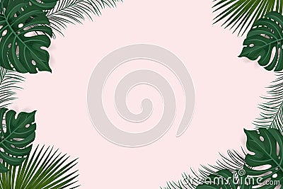 Creative frame layout from tropical background with exotic palm leaves and plants isolated on pink background , flat lay. nature Vector Illustration