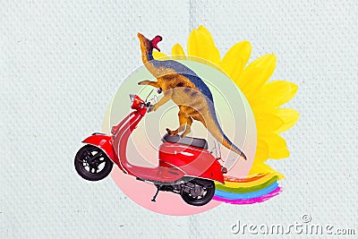 Creative funny collage of advert kids playing game fantasy story dino drive fast motor bike under flower sun rays Stock Photo