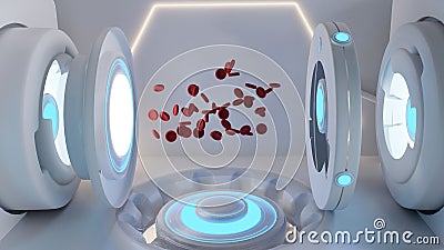 Creative future technology red blood cells and robot medical devices in a room 3d-illustration Cartoon Illustration