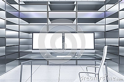 Creative futuristic office interior with two blank white computer monitors on desk and silver bookcases. Stock Photo