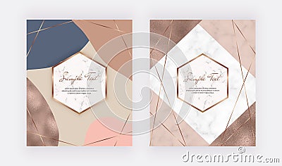 Creative geometric abstract hand painting shapes with copper foil, nude, pink and brown triangles with marble frames. Trendy templ Vector Illustration