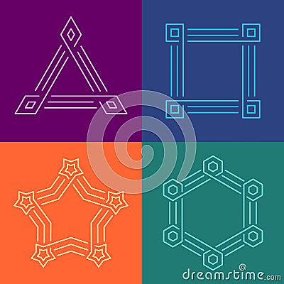 Creative geometric style linear frames set. Different color geometric shapes cornered frames with triple line borders Vector Illustration