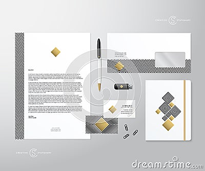 Creative Geometry and Gold Realistic Vector Stationary Set wih Soft Shadows. Good as Template or Mock Up for Business Vector Illustration