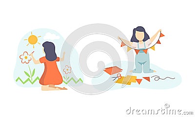 Creative Girl Drawing Flower on the Wall and Making Garland Vector Set Vector Illustration