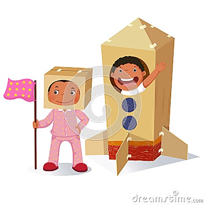 Creative girl playing as astronaut and boy in rocket made of car Vector Illustration