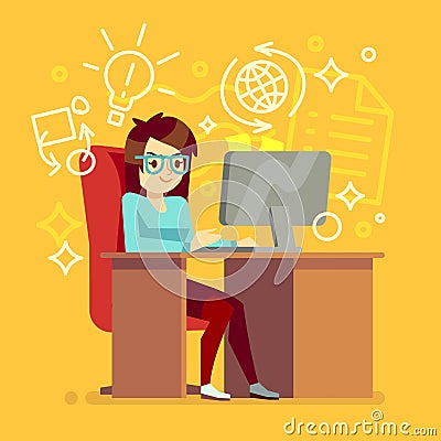 Creative girl work at home office with computer vector illustration Vector Illustration