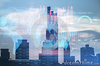 Creative global forex chart on city background. Concept of stock market and financial success. Double exposure Stock Photo