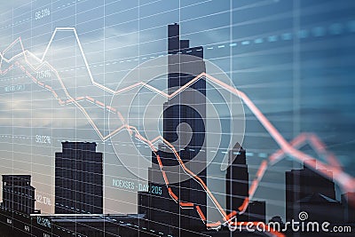 Creative glowing downward red forex chart on city wallpaper. Crisis, and stock market fall concept. Double exposure Stock Photo