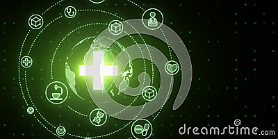 Creative glowing green medical hologram with cross and globe on dark background. Science, healthcare system and futuristic Stock Photo