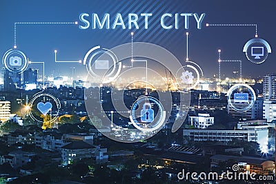 Creative glowing night smart city backdrop with interface and downtown. Technology, innovation and urbanization concept. Double Stock Photo