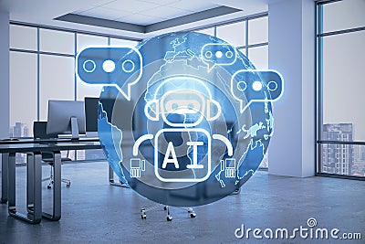 Creative glowing robot and globe ai hologram on blurry office interior backdrop. Machine learning, artificial intelligence and Stock Photo