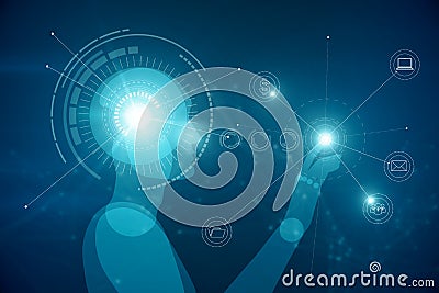 Creative glowing robot hologram on background. AI and robotics concept. 3D Rendering Stock Photo