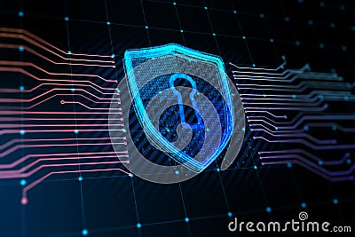 Creative glowing shield circuit security hologram on blurry background. Safety and web protection concept. Stock Photo