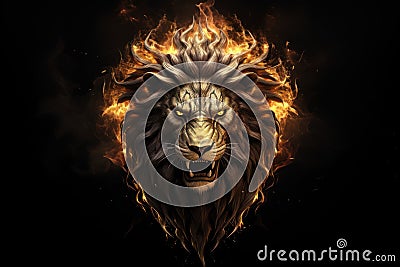 creative golden burning lion king head black style with soft mane and dark background Stock Photo