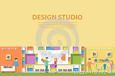 Creative graphic studio design interior. Creative artist corporate advertising agency making web paints Vector Illustration