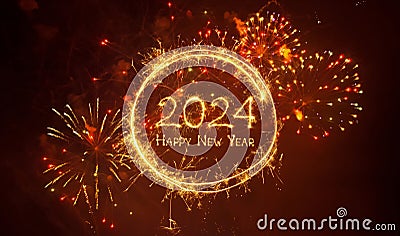 Creative Greeting card Happy New Year 2024 with fireworks Stock Photo