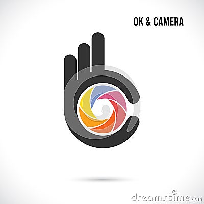 Creative hand and camera lens abstract logo design.Hand Ok symbo Vector Illustration