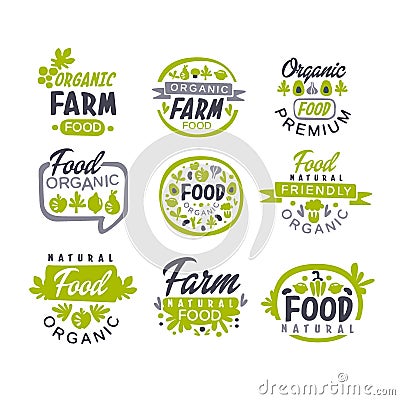 Creative hand drawn gray and green design of organic food logo set. Fresh farm products. Labels for shop or market Vector Illustration