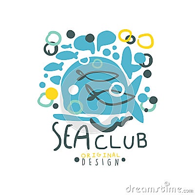 Creative hand drawn sea club logo template design with abstract fish and air bubbles in water. Marine travel and sport Vector Illustration