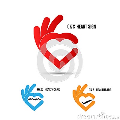 Creative hand and heart shape abstract logo design.Hand Ok symbol icon.Healthcare and medical icon. Happy Valentines day symbol. Vector Illustration