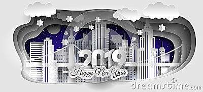 Creative Happy Merry Christmas and New Year 2018/2019 design. Winter city Vector Illustration
